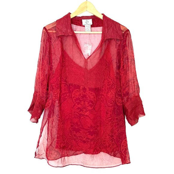 Vintage Ice Red Silk Sheer Blouse 2Piece Layered Camisole 1X Whimsigoth Romantic - Picture 1 of 14